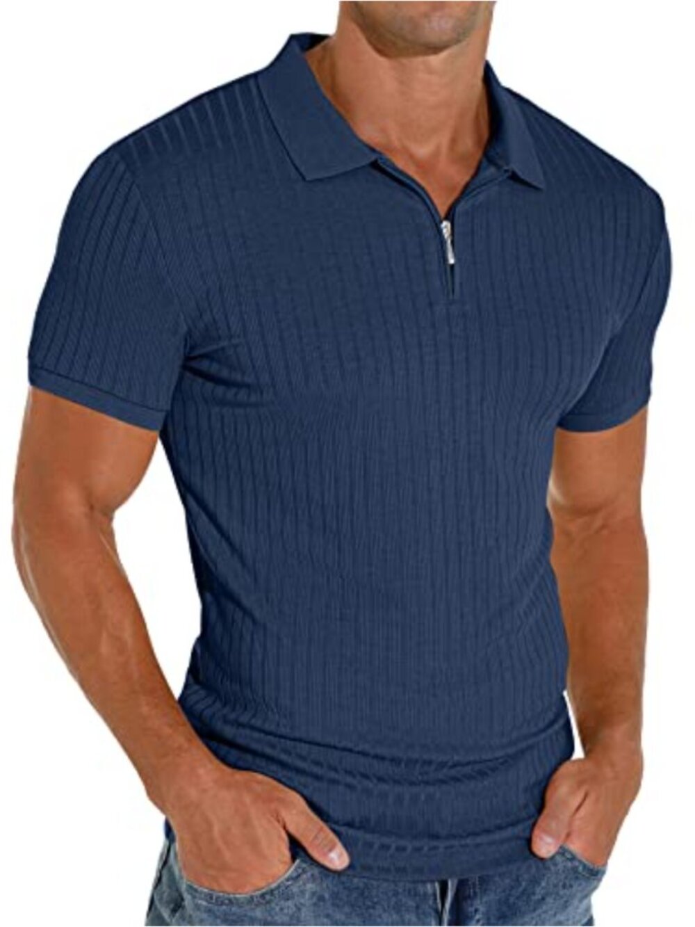 Men's Slim Fit Zip Polo Shirt Textured Stretch Golf Casual